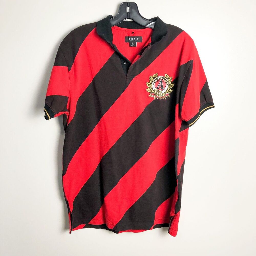 AKOO Striped Knit Logo Short Sleeve Polo Red Black Large